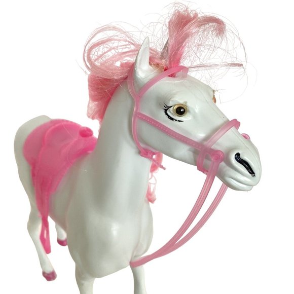 White Blow Mold Horse With Pink Hair Hooves Saddle Bridle 11in Tall - Picture 3 of 16